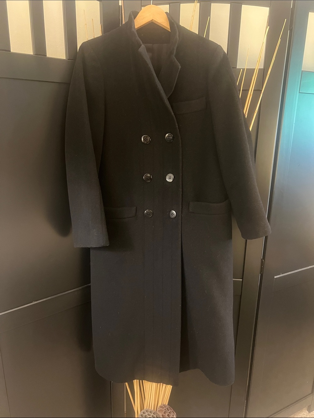 Women's Black Double-Breasted Long Merino Wool Coat